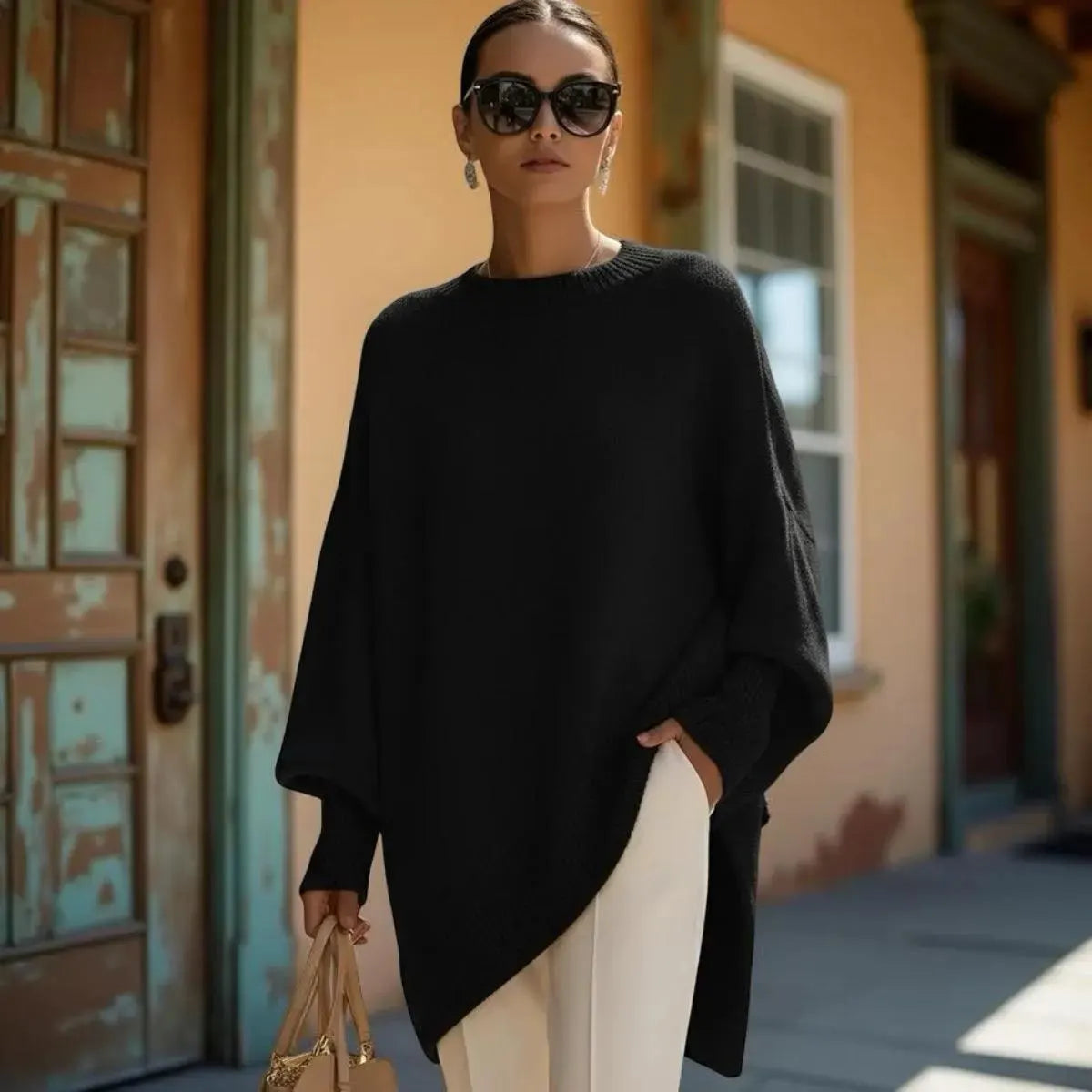 Oversized Batwing Pullover Sweater, Women's Long Knit Tunic Top