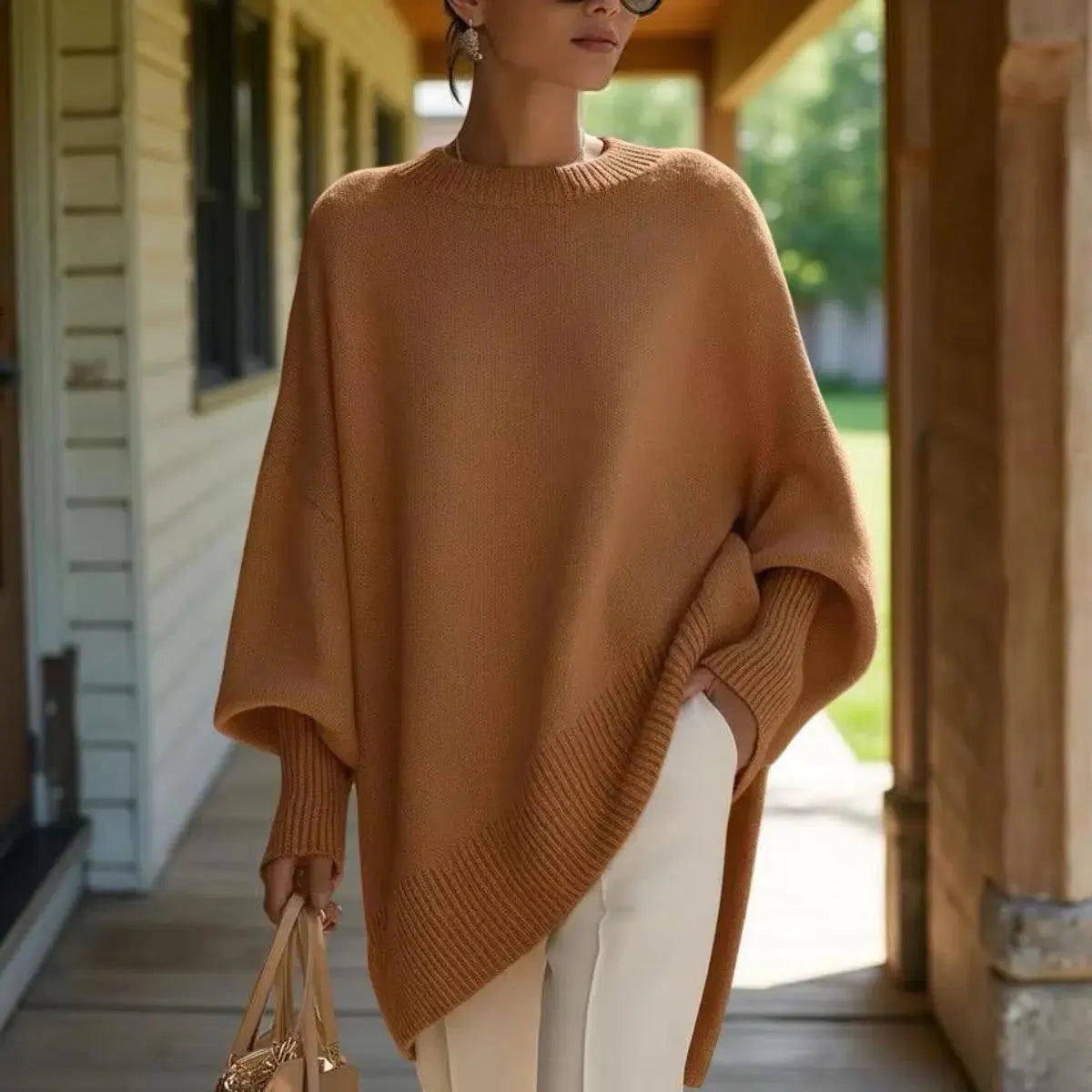 Oversized Batwing Pullover Sweater, Women's Long Knit Tunic Top
