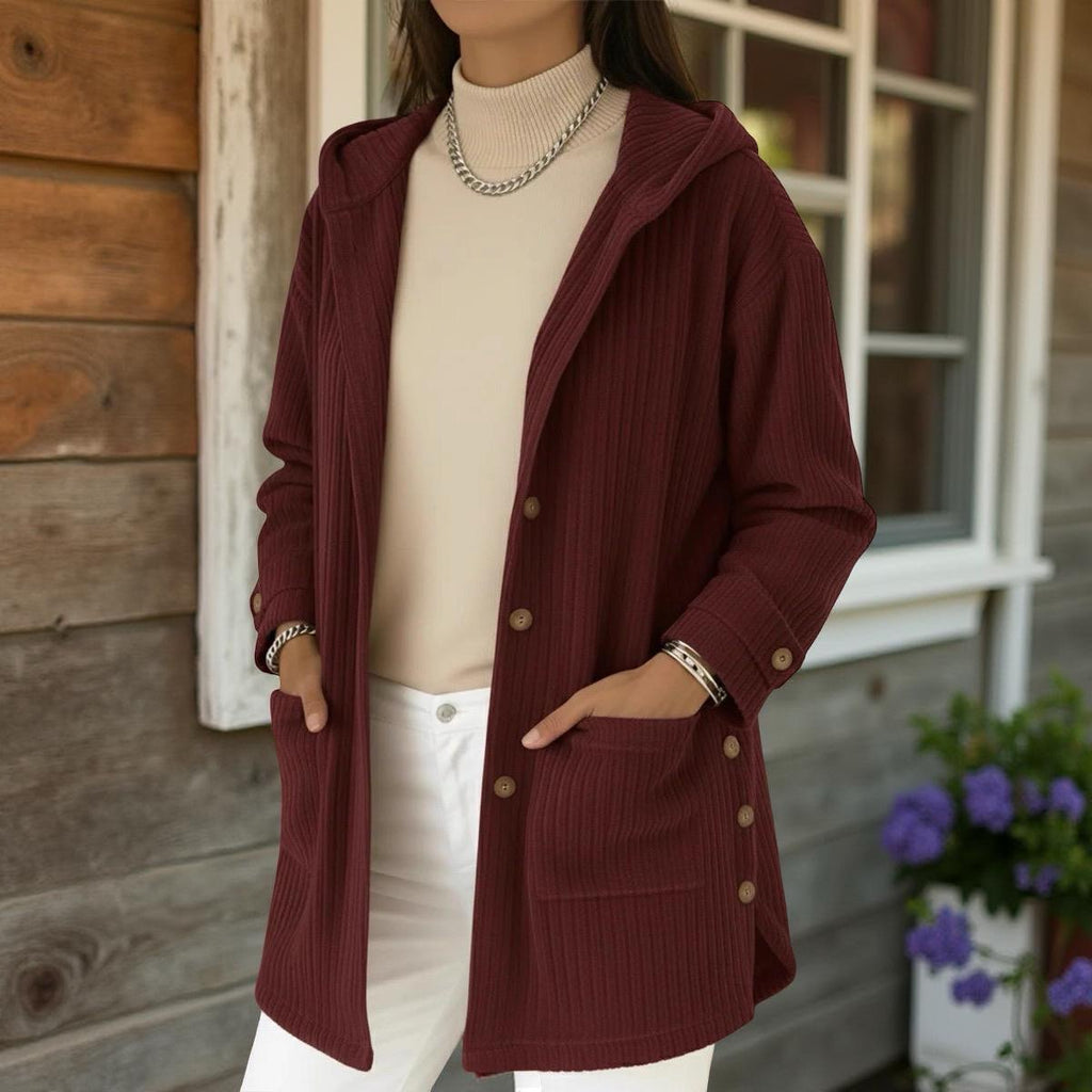 Hooded Knit Cardigan, Women's Button Front Longline Jacket With Pockets