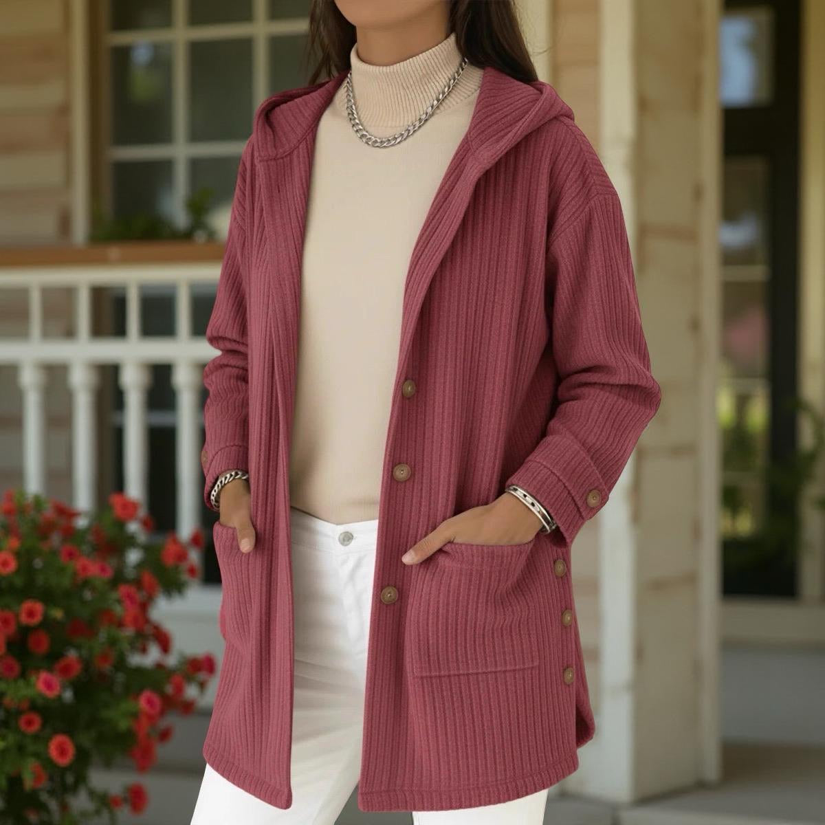 Hooded Knit Cardigan, Women's Button Front Longline Jacket With Pockets