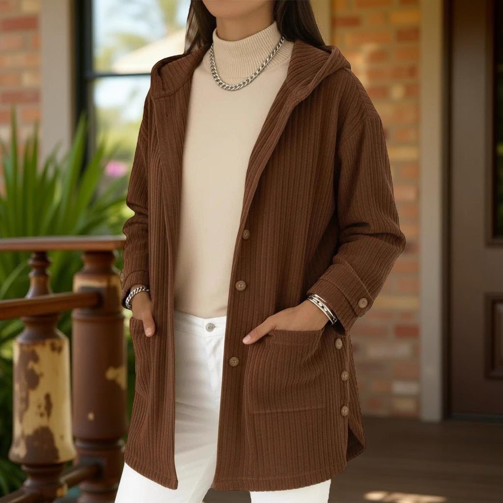 Hooded Knit Cardigan, Women's Button Front Longline Jacket With Pockets