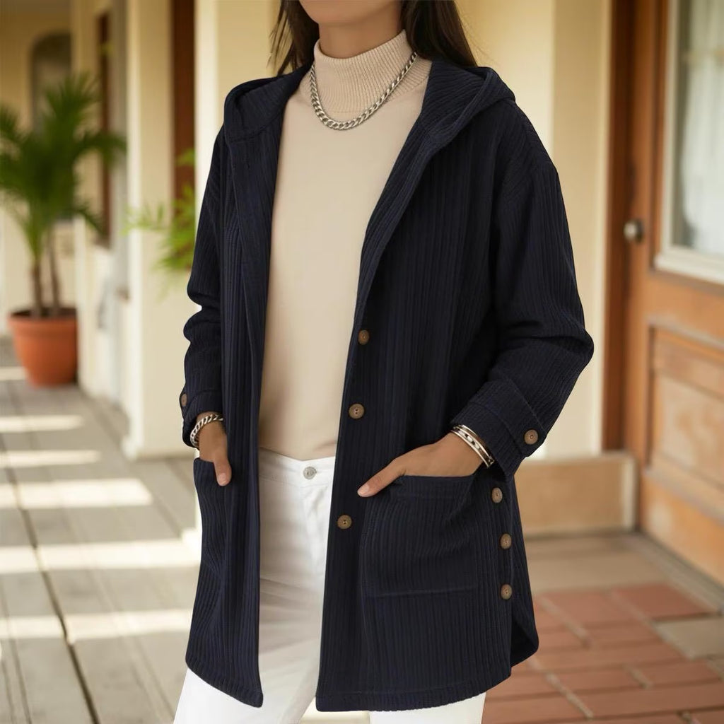 Hooded Knit Cardigan, Women's Button Front Longline Jacket With Pockets
